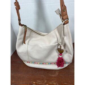 Vintage Sak Sequoia White Leather Shoulder Bag W/ Brown Strap & Pink Tassel Acce